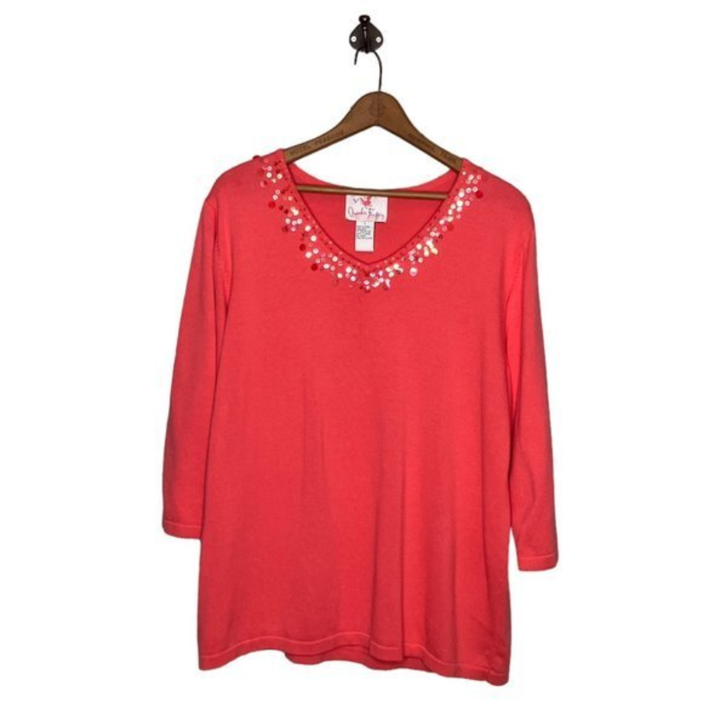 Quacker Factory Large L‎ Coral Sequin Embellished Cotton Knit Pullover Sweater